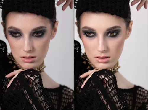 Студийный портрет модели с выразительным макияжем смоки айс в черном вязаном топе для модной съемки